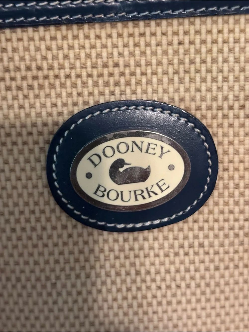 Dooney & Bourke Beige Woven Satchel with Brown Bamboo Handles and Navy Trim